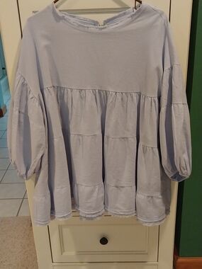 Relaxed Light Blue Tiered Tunic with Puff Sleeves